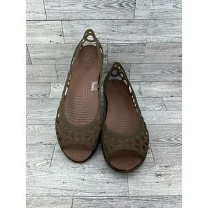 Crocs Adrina Peep Toe Flat Olive Green Brown Cutout Jelly Shoes 11238 Women 11